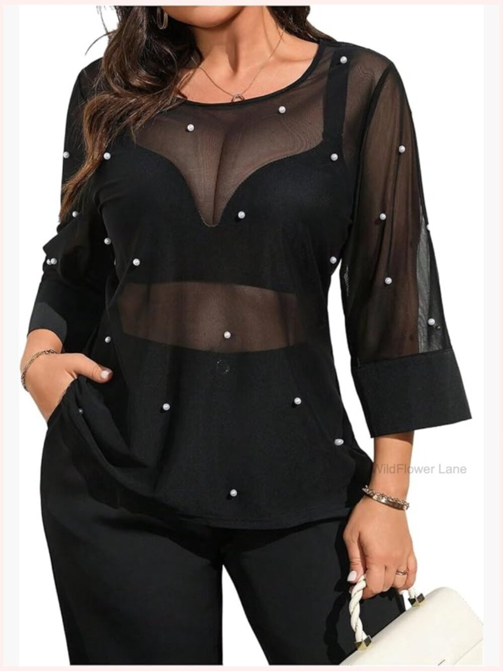 Plus Size Mesh Top 3/4 Sleeve Pearl Beaded Sheer Blouse